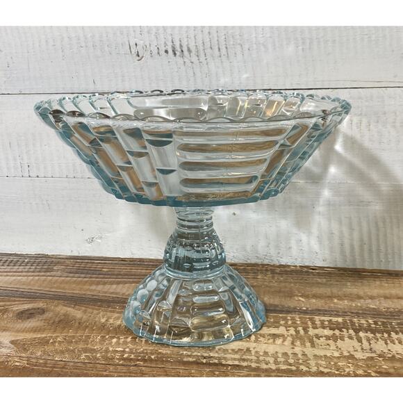 Vintage 1950's Jeannette Glass Louisa Star Lite Blue Footed Compote Bowl 9" Dia - Picture 11 of 12